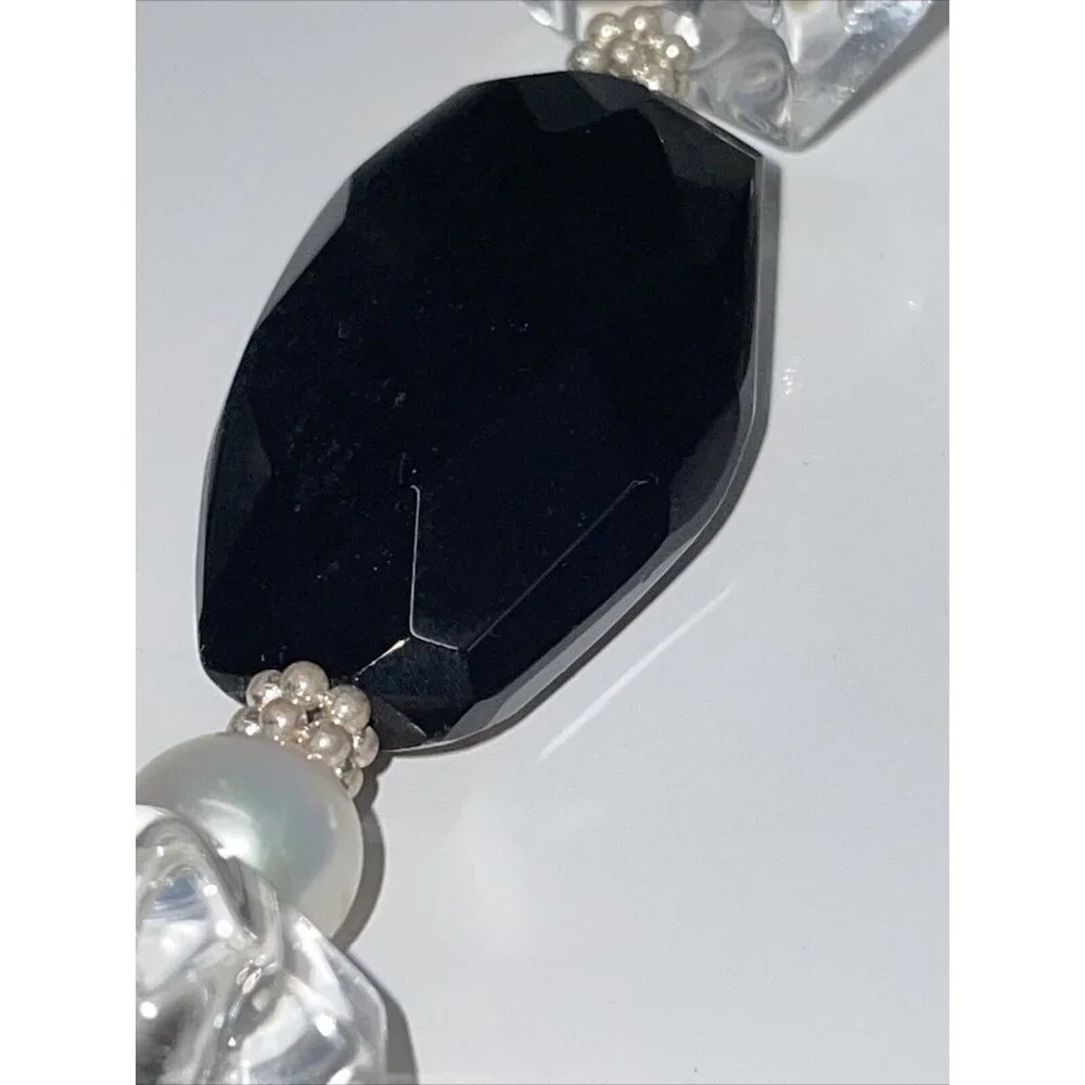 Lucas Lamenth black Faceted Glass Pearl Natural Stone Necklace LUC‎ 925 AL4.2